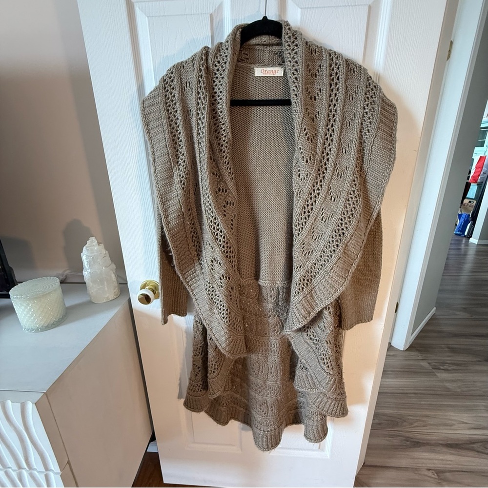 Orange Tan Shrug Sweater with Elegant Waterfall Collar